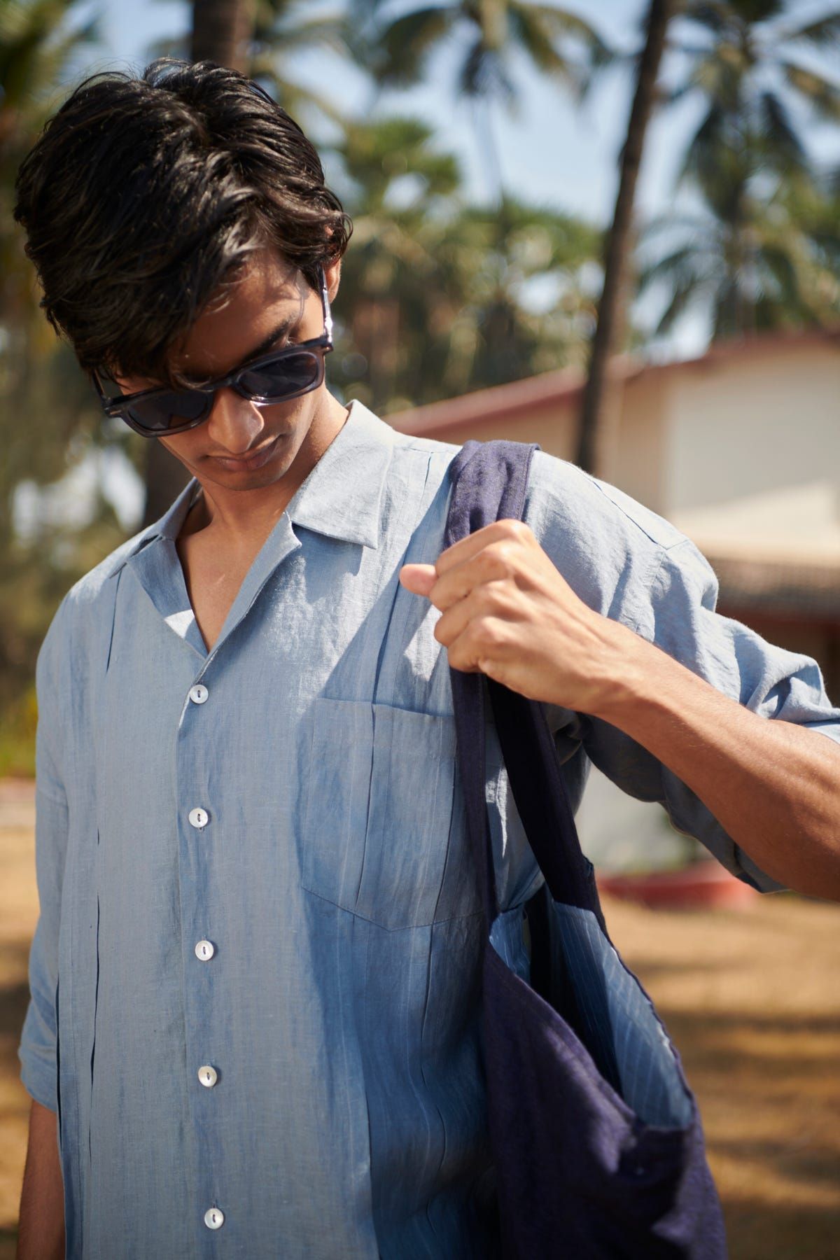 Sky Linen Men's Pleated Camp Collar Shirt - image 5