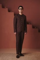 Coffee Co-Linen Men's Round Neck Jacket Set view 1