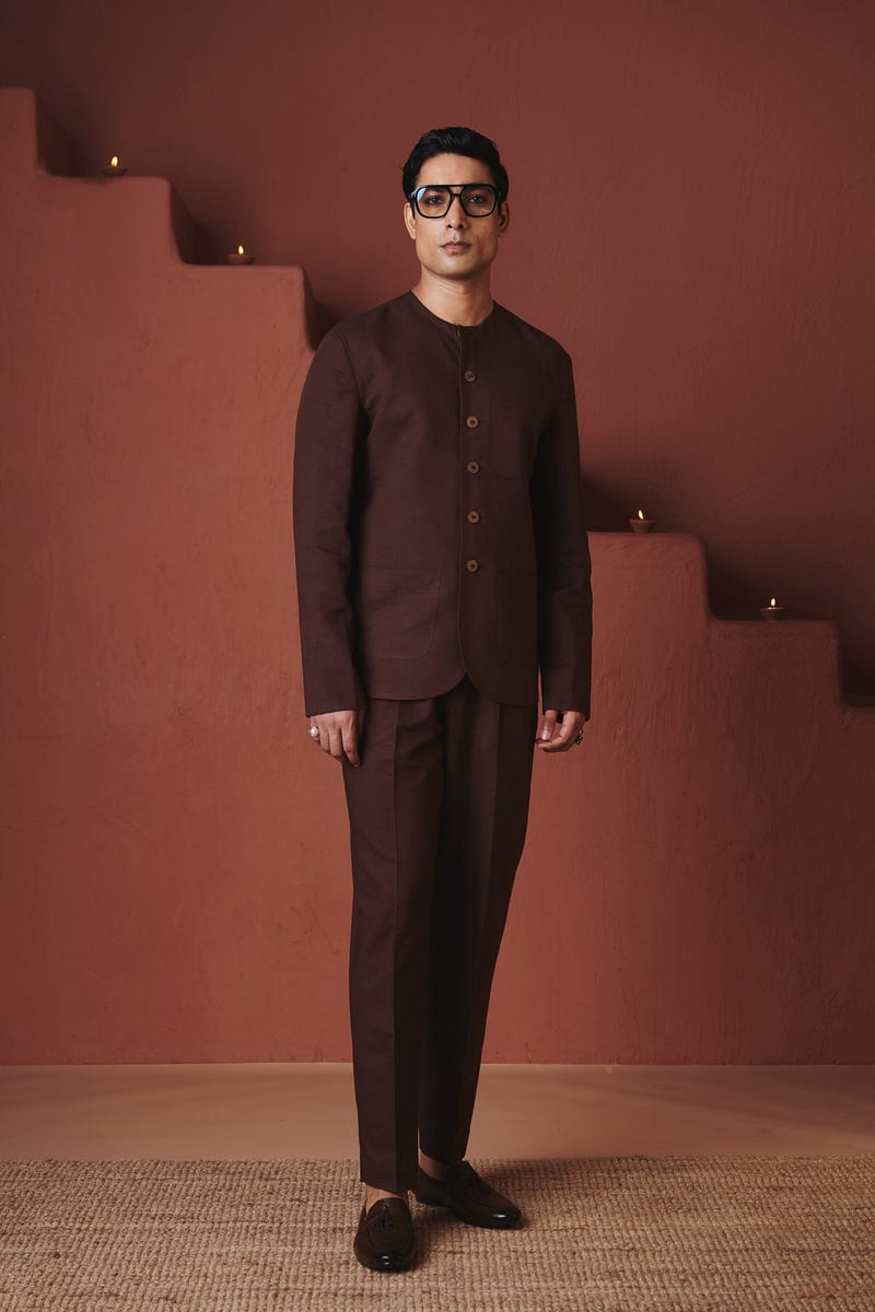 Coffee Co-Linen Men's Round Neck Jacket Set