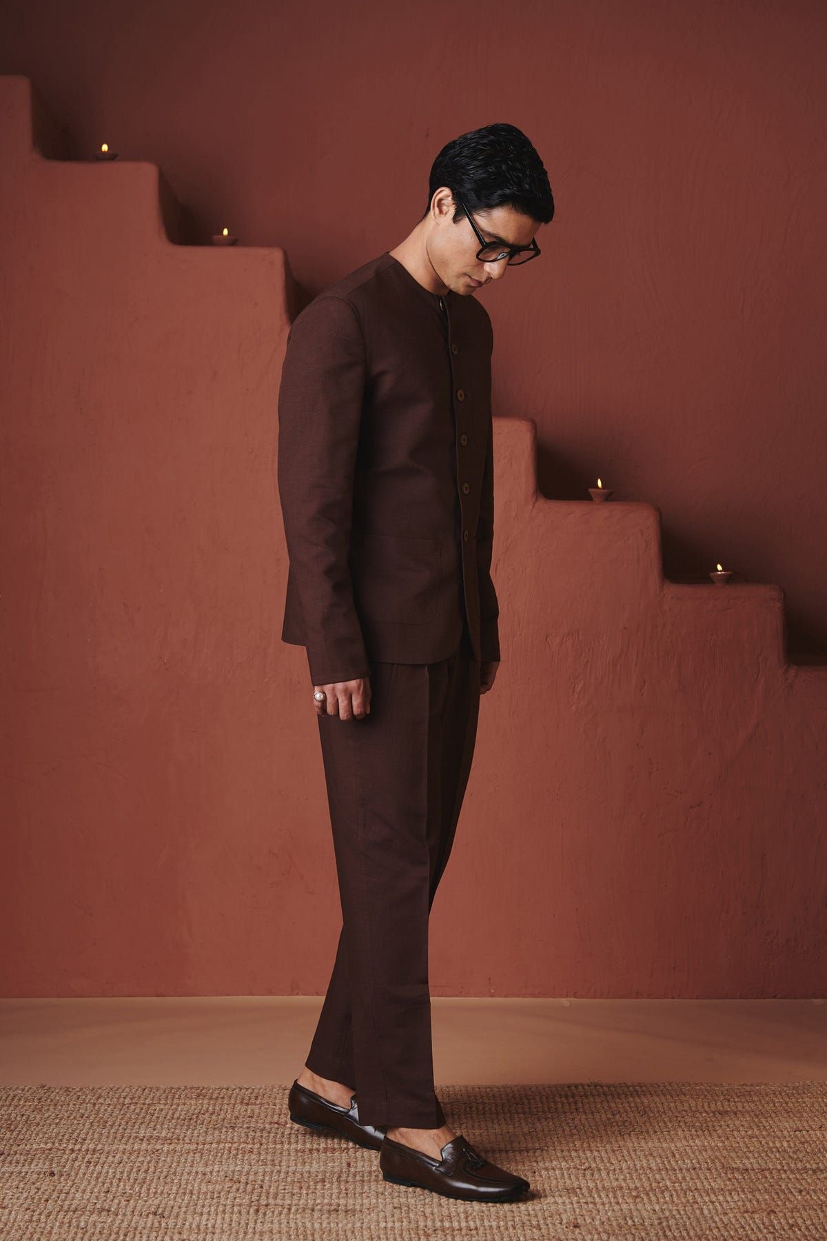 Coffee Co-Linen Men's Round Neck Jacket Set - image 3
