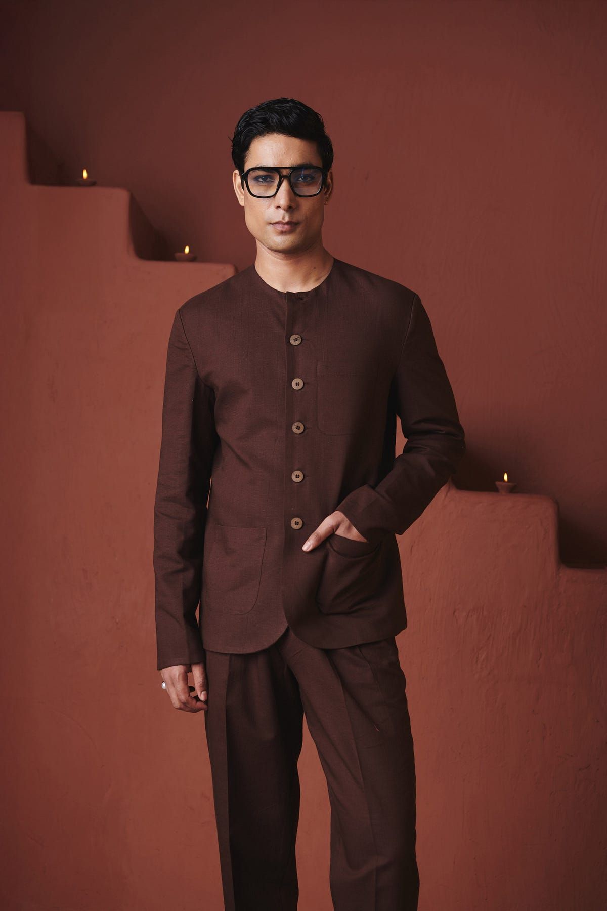 Coffee Co-Linen Men's Round Neck Jacket Set - image 4