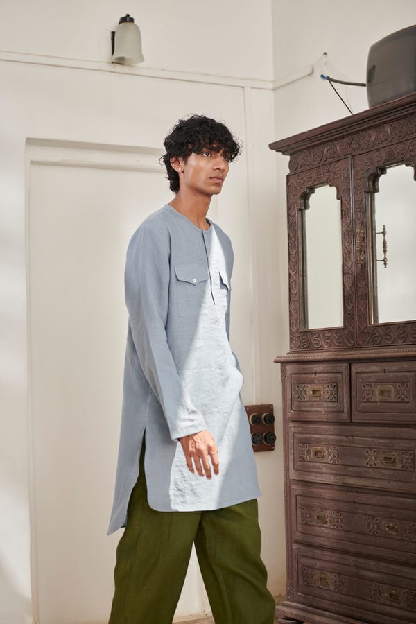 Saphed — Sky Linen Men's Round Hem Kurta