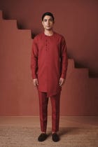 Brick Co-Linen Men's Side Open Kurta Set view 1