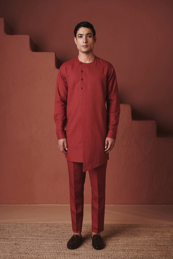 Saphed — Brick Co-Linen Men's Side Open Kurta Set