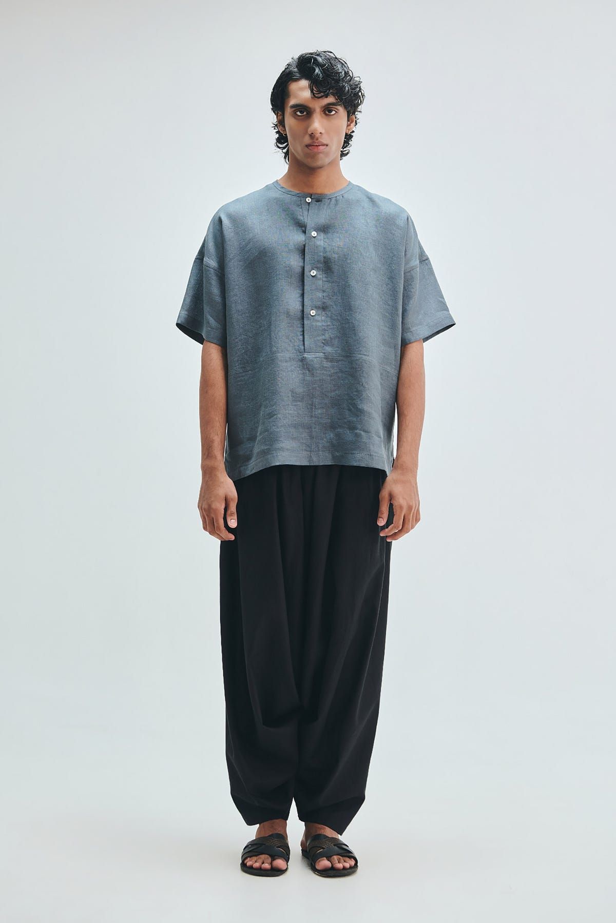Slate Linen Men's Half Sleeves Panelled Shirt Kurta - image 1