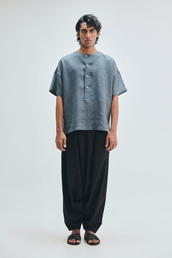 Saphed — Slate Linen Men's Half Sleeves Panelled Shirt Kurta