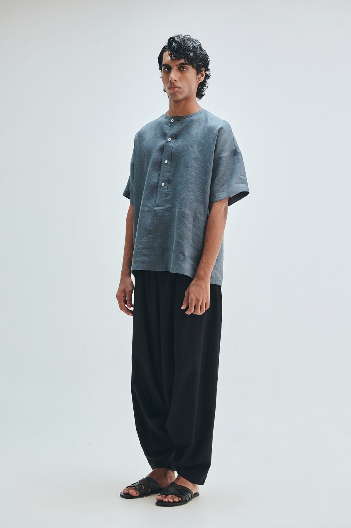 Slate Linen Men's Half Sleeves Panelled Shirt Kurta - image 4