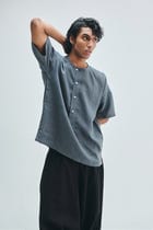 Slate Linen Men's Half Sleeves Panelled Shirt Kurta view 7
