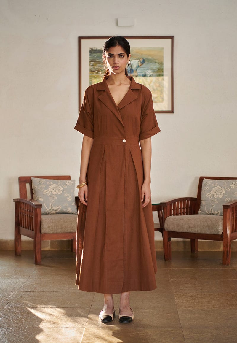Mocha Co-Linen Wrap Dress - Sale