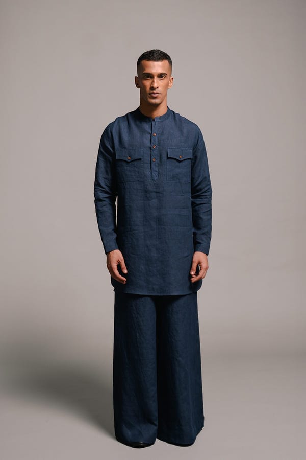 Saphed — Indigo Linen Men's Saif Kurta Set