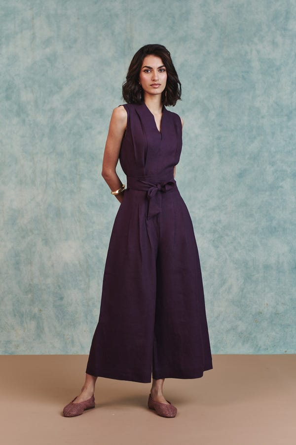 Saphed — Plum Linen Sculpted Jumpsuit
