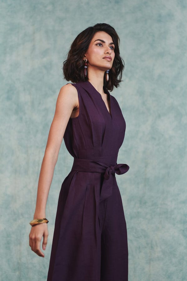 Saphed — Plum Linen Sculpted Jumpsuit