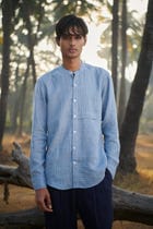 Sky Pinstripe Linen Men's Band Collar Shirt – Slim Fit - Sale view 1
