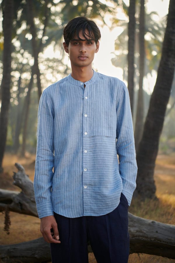 Saphed — Sky Pinstripe Linen Men's Band Collar Shirt – Slim Fit - Sale