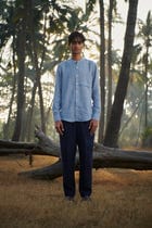 Sky Pinstripe Linen Men's Band Collar Shirt – Slim Fit - Sale view 2