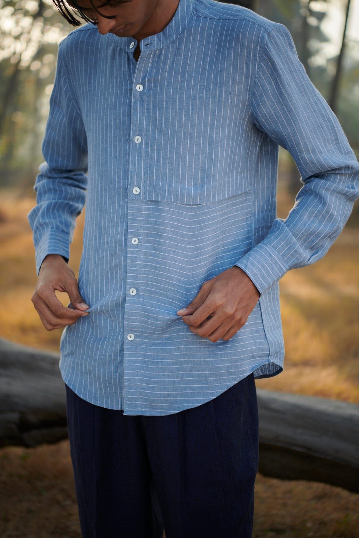 Sky Pinstripe Linen Men's Band Collar Shirt – Slim Fit - Sale - image 5