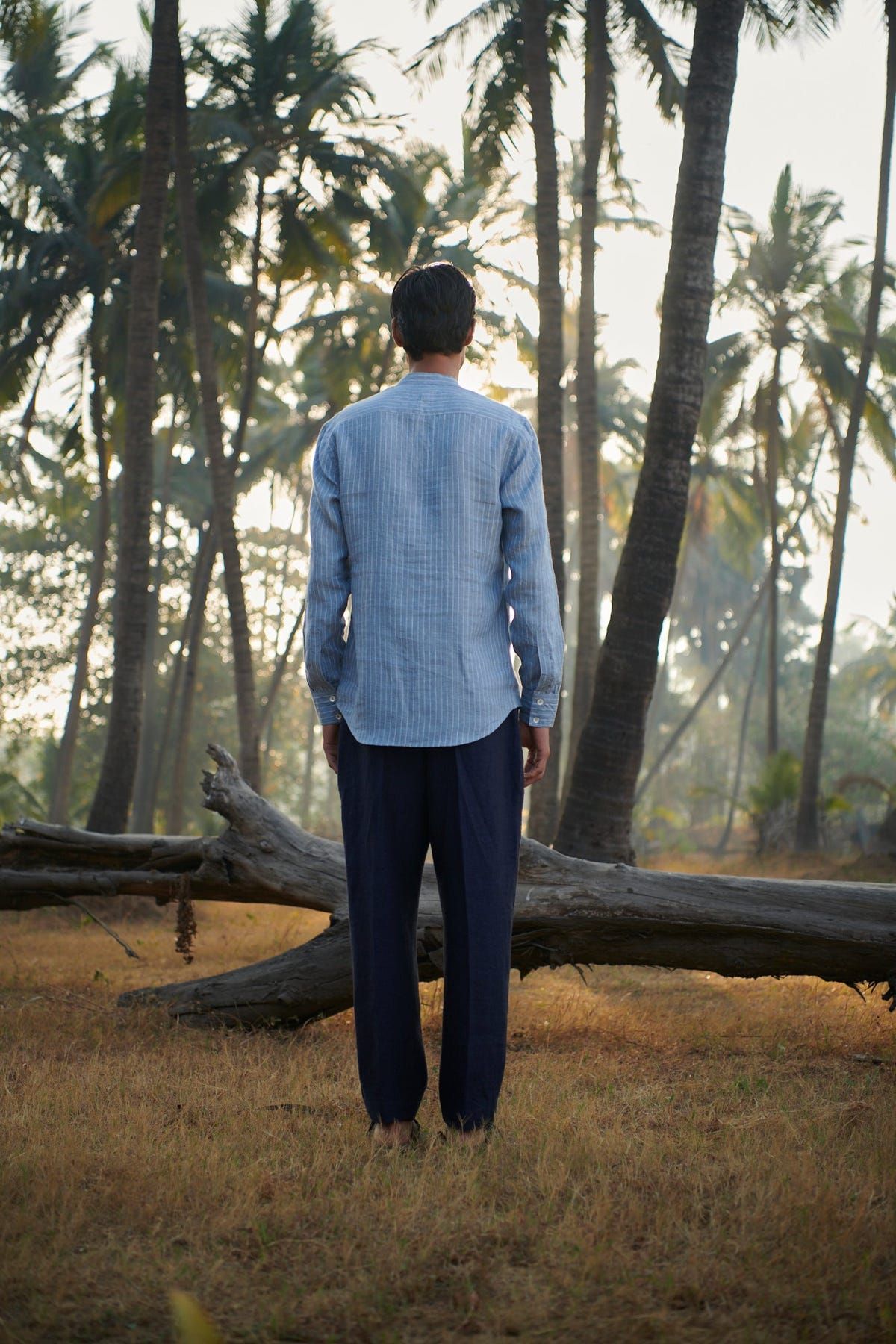 Sky Pinstripe Linen Men's Band Collar Shirt – Slim Fit - Sale - image 7