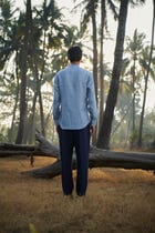 Sky Pinstripe Linen Men's Band Collar Shirt – Slim Fit - Sale view 7