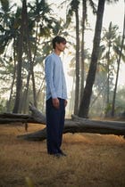 Sky Pinstripe Linen Men's Band Collar Shirt – Slim Fit - Sale view 8