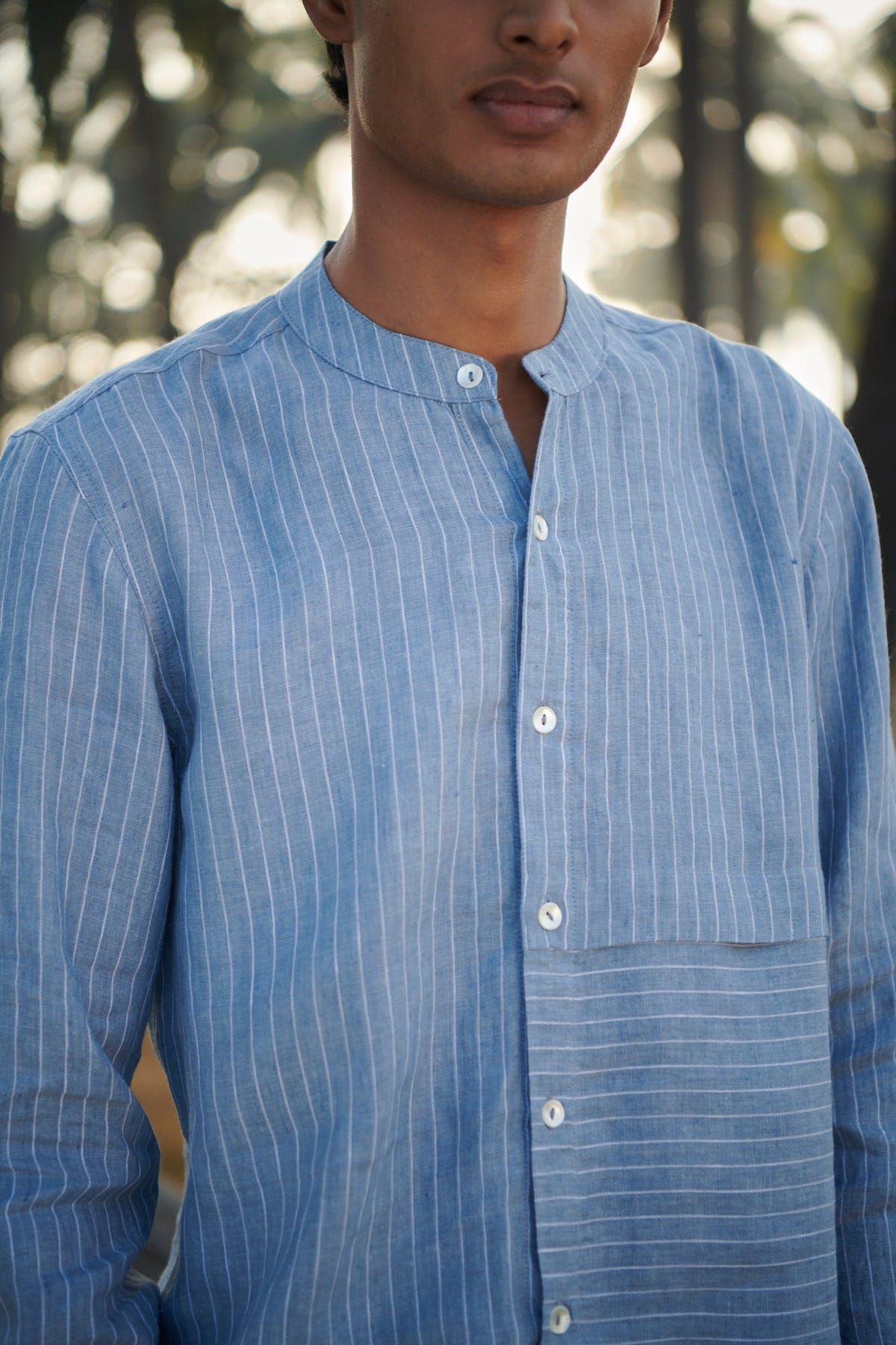 Sky Pinstripe Linen Men's Band Collar Shirt – Slim Fit - Sale - image 9