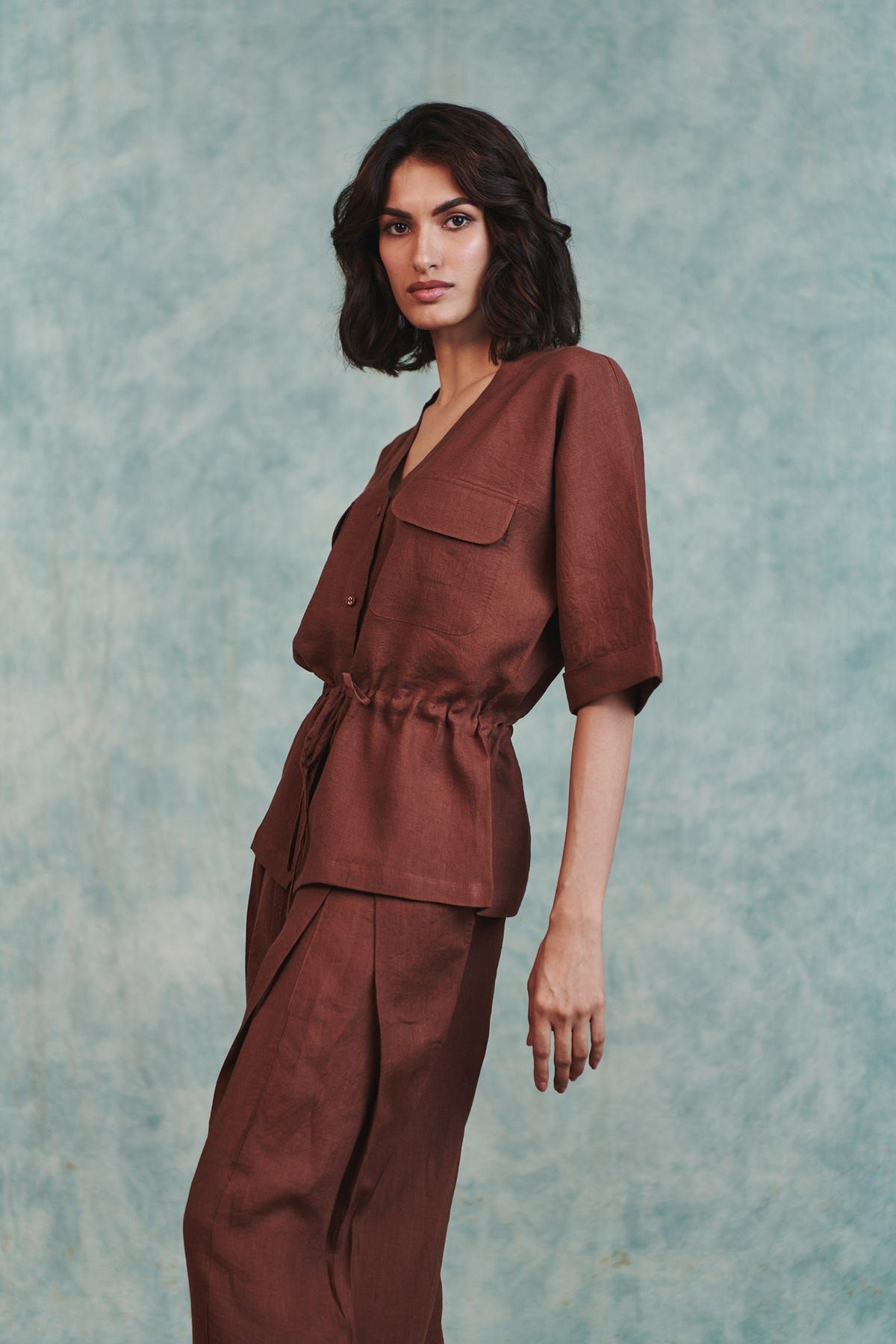 Chocolate Linen Drawstring Shirt & Pleated Tuck Pants Set - image 4