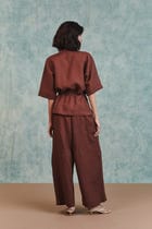 Chocolate Linen Drawstring Shirt & Pleated Tuck Pants Set view 6