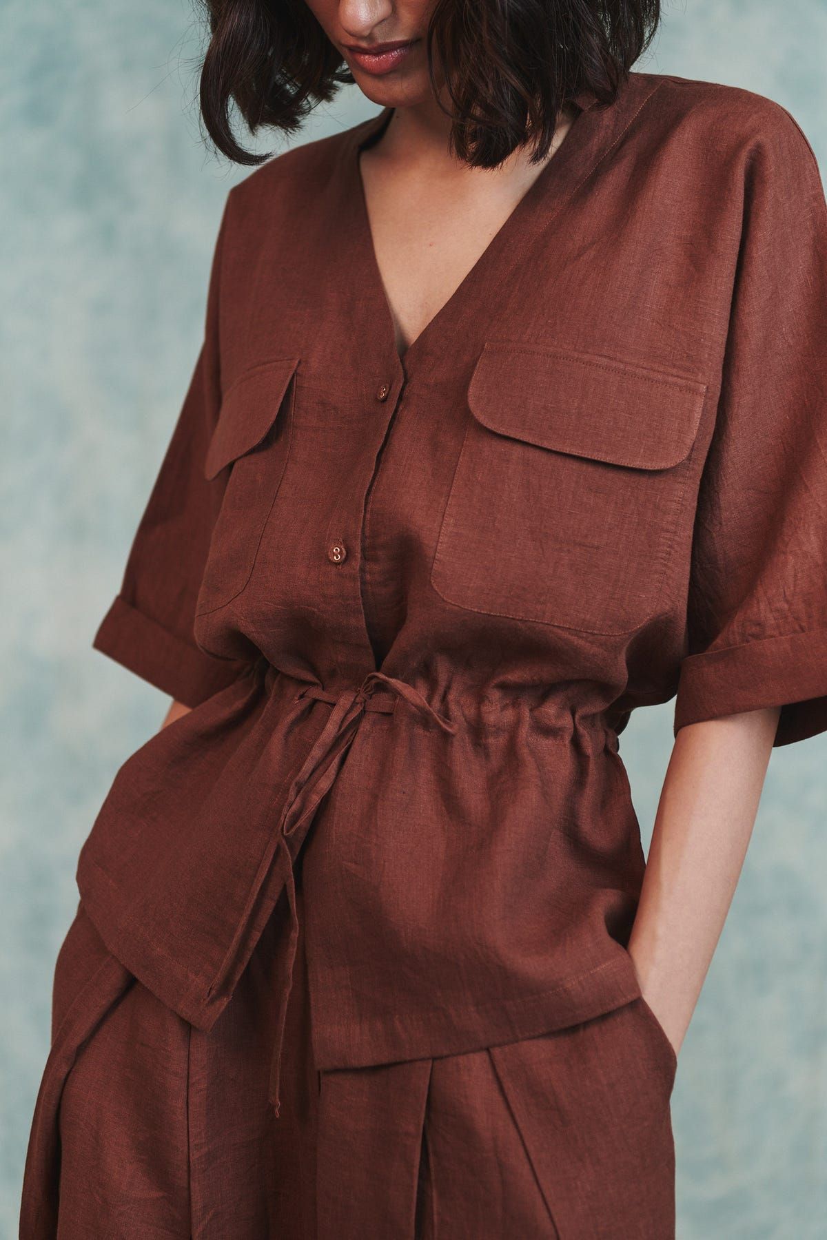 Chocolate Linen Drawstring Shirt & Pleated Tuck Pants Set - image 7