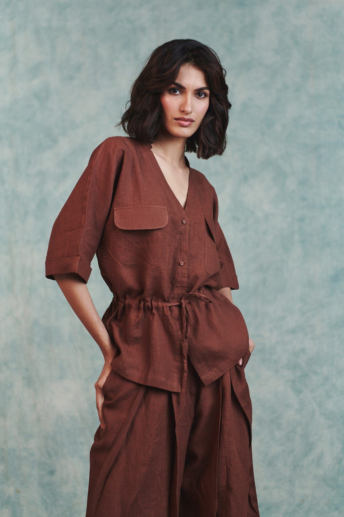 Chocolate Linen Drawstring Shirt & Pleated Tuck Pants Set - image 8