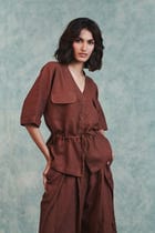 Chocolate Linen Drawstring Shirt & Pleated Tuck Pants Set view 8