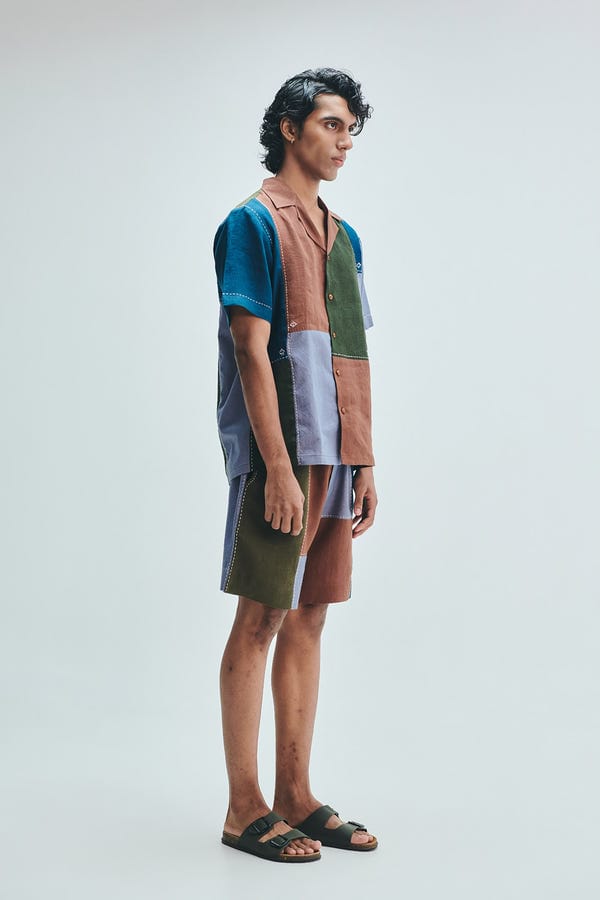 Saphed — Patchwork Linen Men's Camp Collar Shirt Set