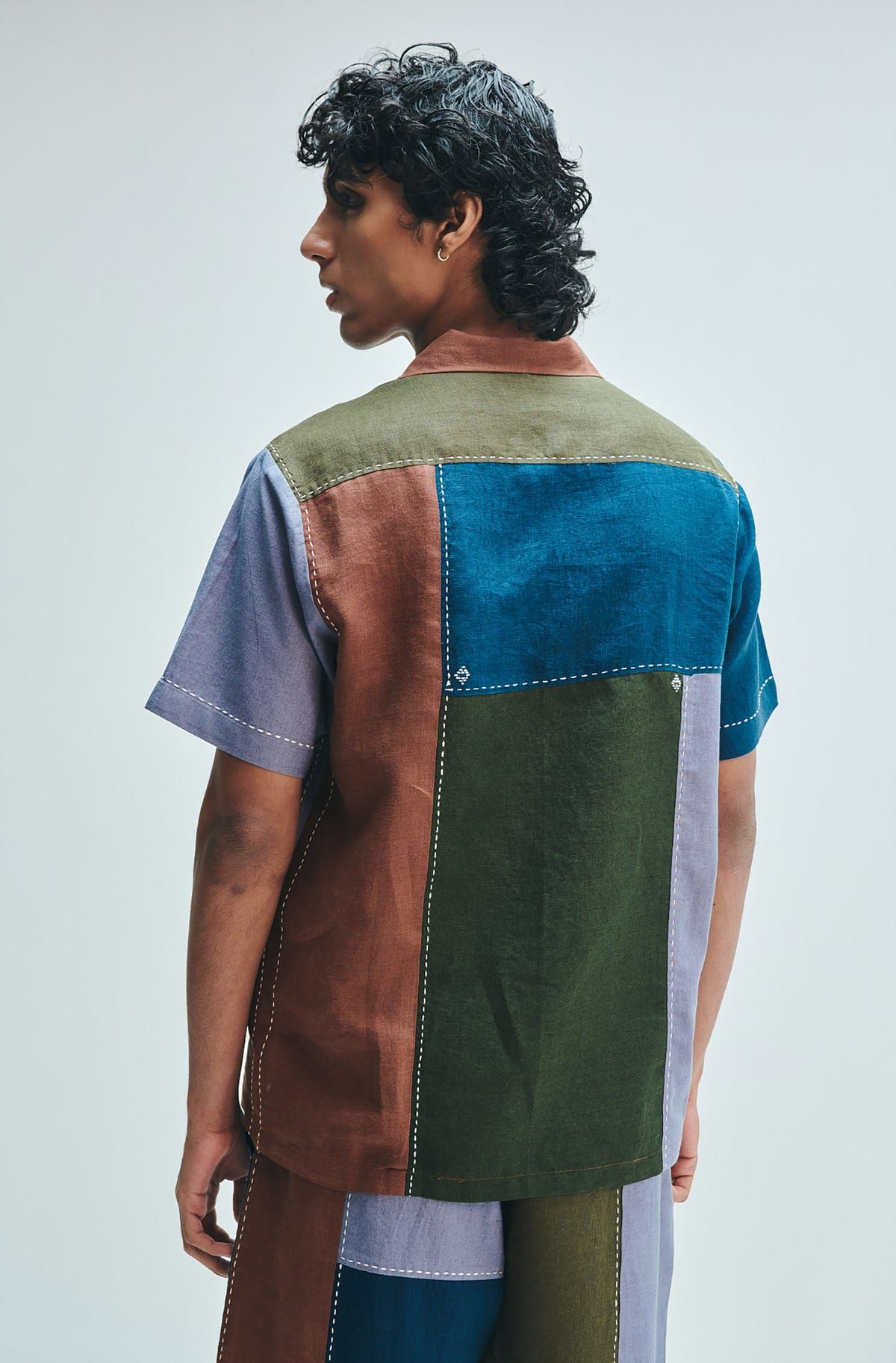 Patchwork Linen Men's Camp Collar Shirt Set - image 4