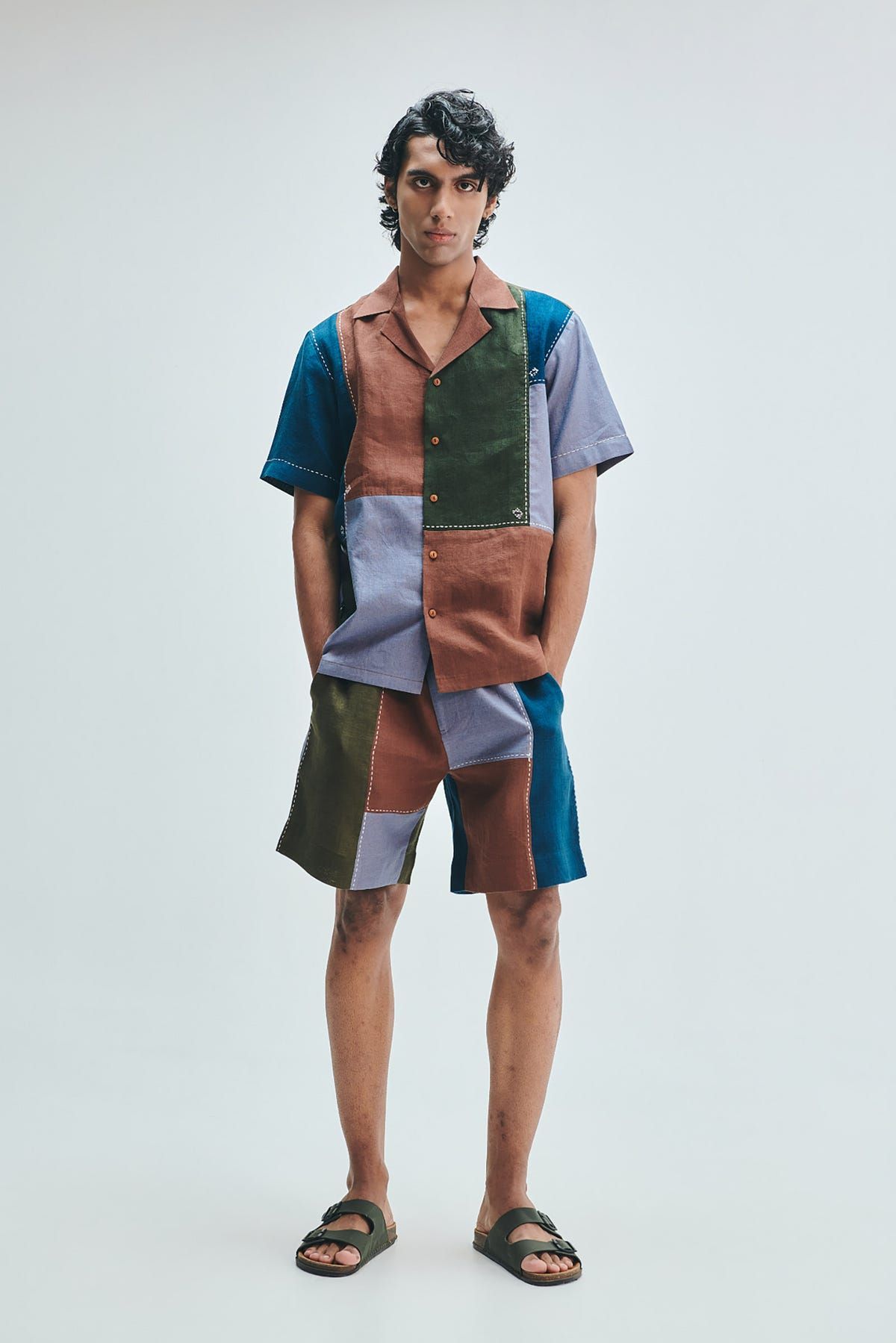 Patchwork Linen Men's Camp Collar Shirt Set - image 6