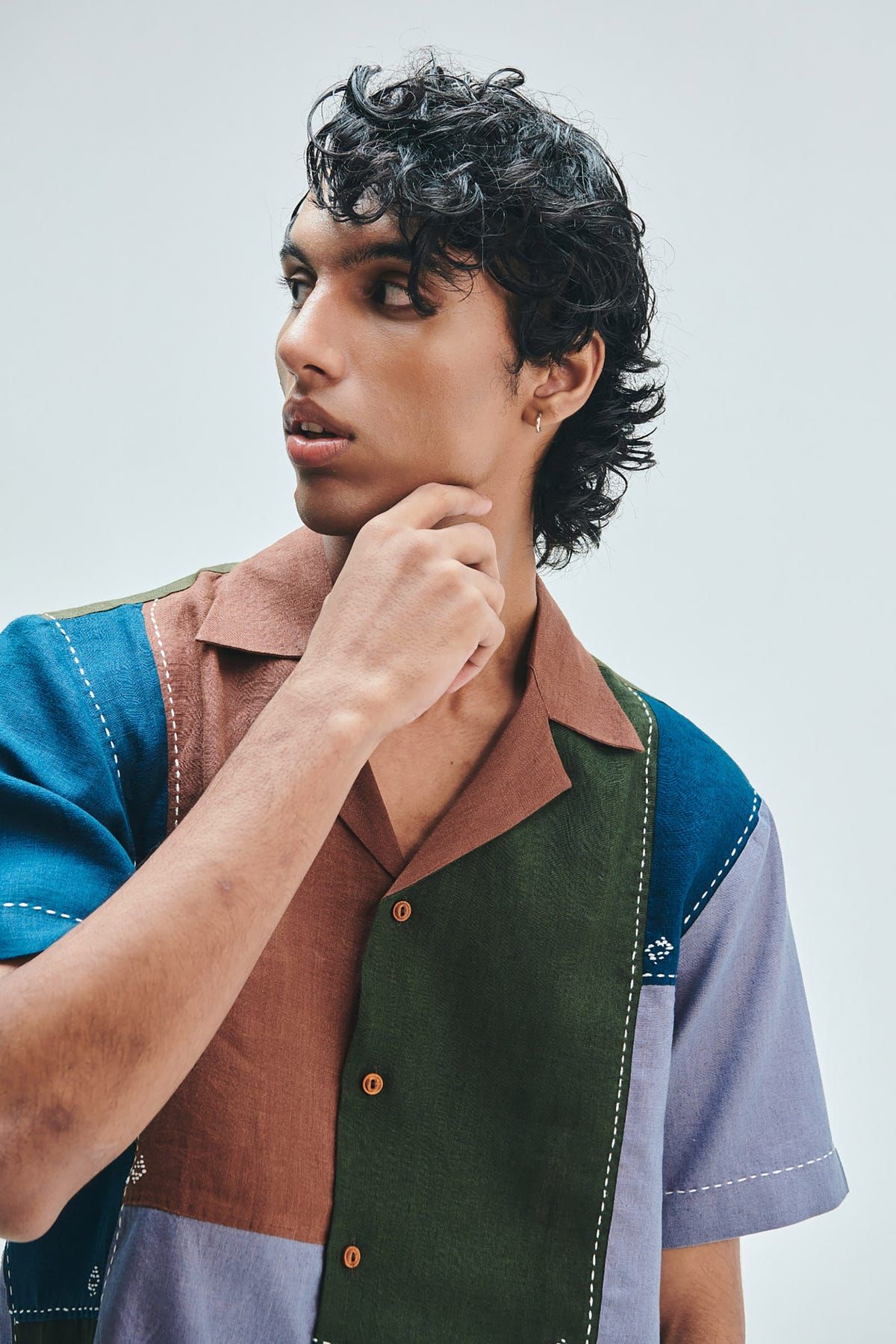 Patchwork Linen Men's Camp Collar Shirt Set - image 7