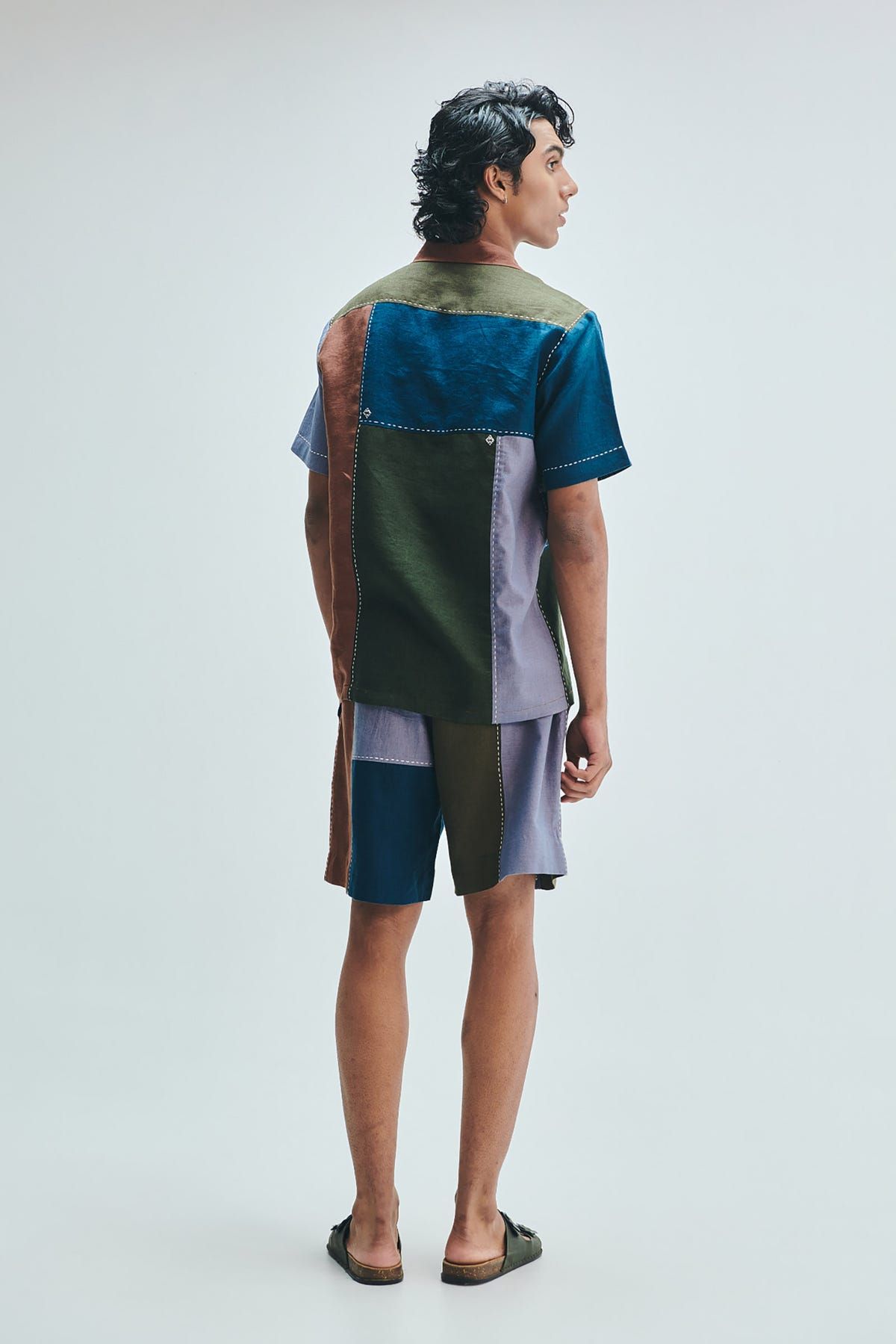Patchwork Linen Men's Camp Collar Shirt Set - image 9