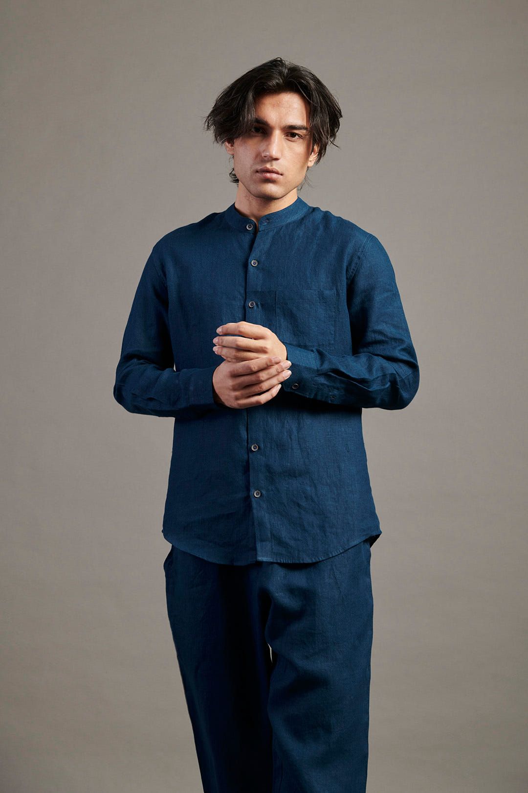 Indigo Linen Band Collar Shirt - image 1