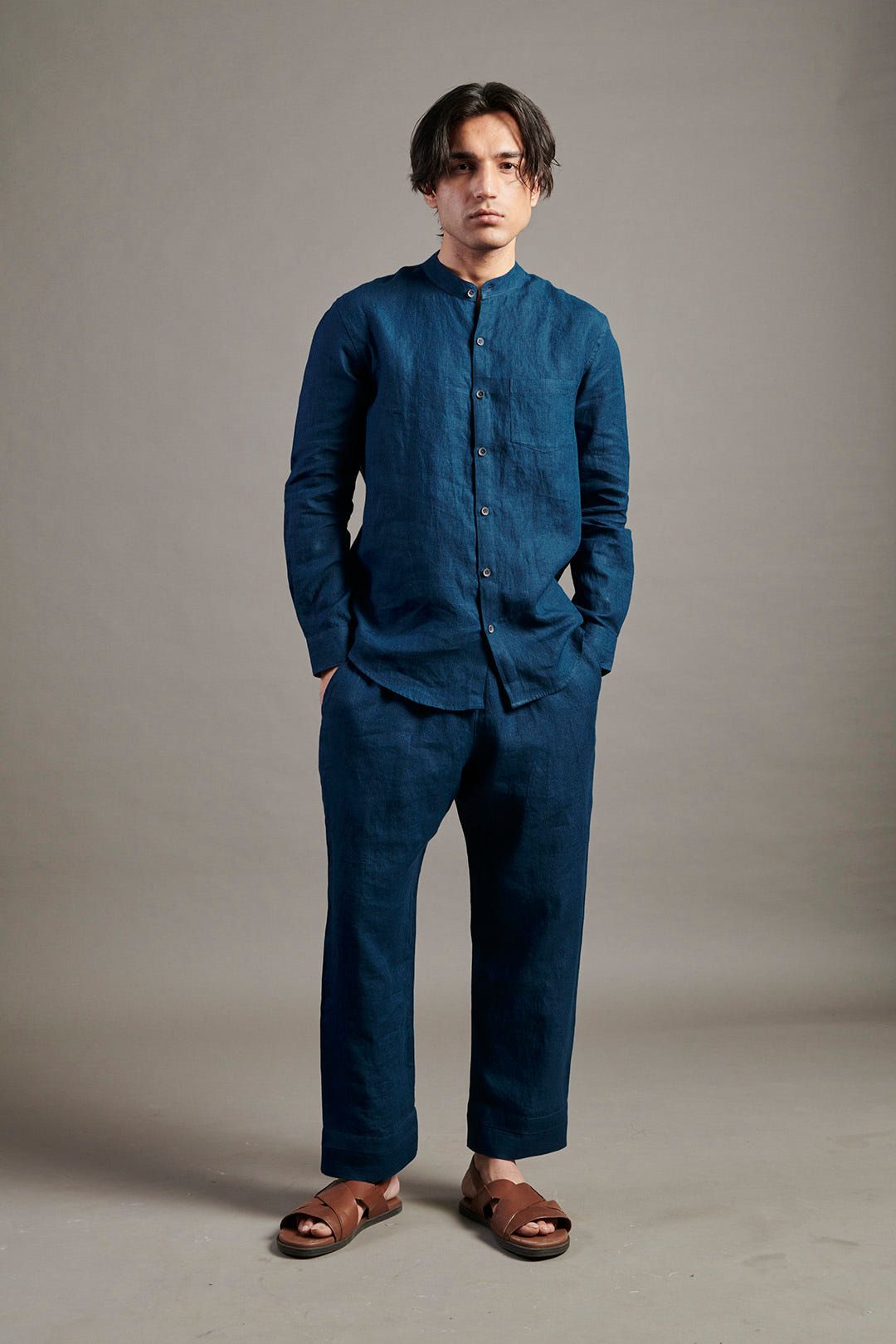 Indigo Linen Band Collar Shirt - image 2
