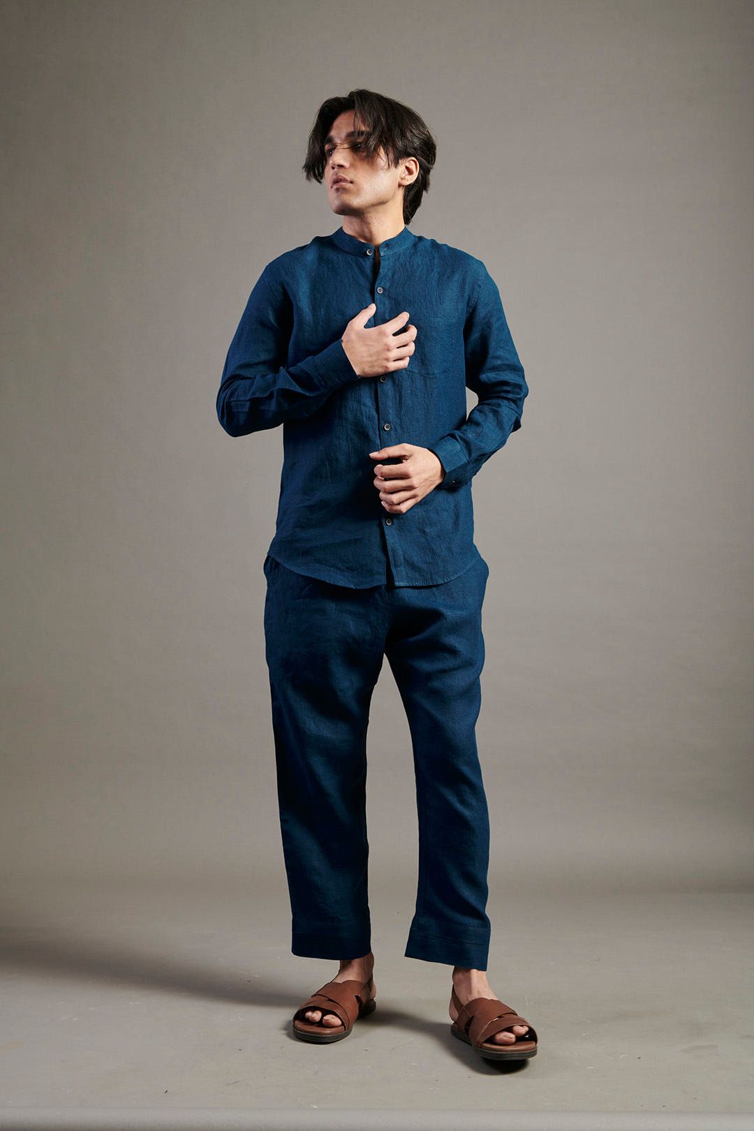 Indigo Linen Band Collar Shirt - image 3