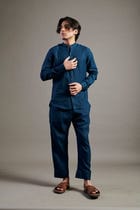 Indigo Linen Band Collar Shirt view 3