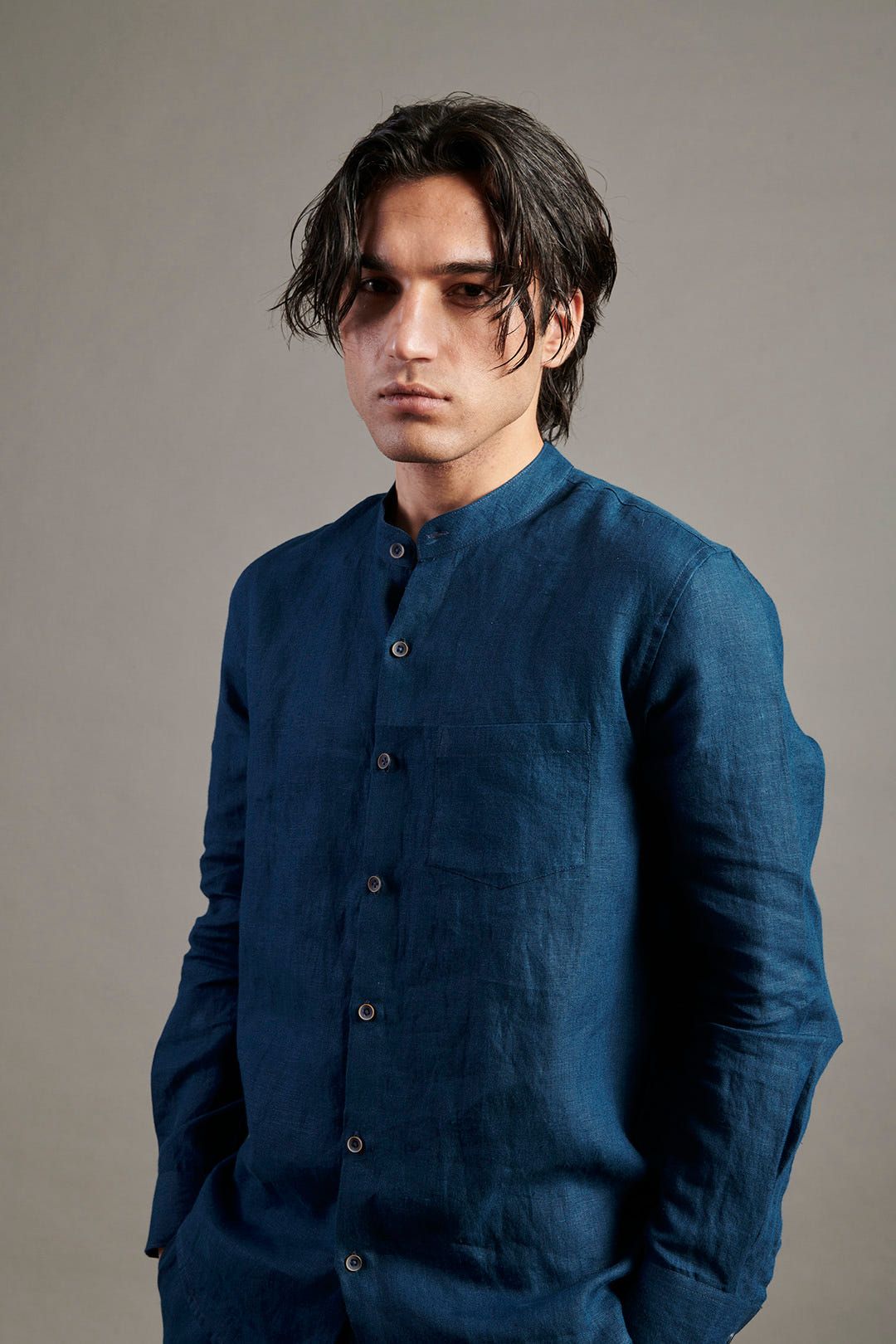 Indigo Linen Band Collar Shirt - image 4