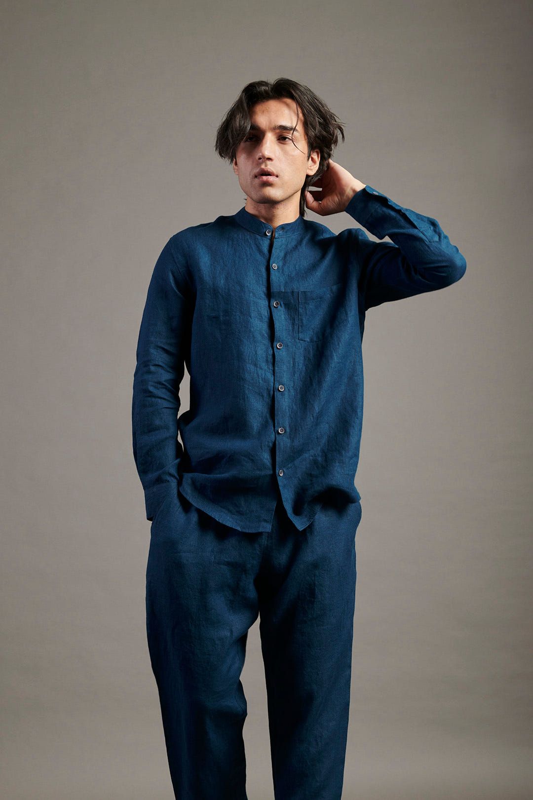 Indigo Linen Band Collar Shirt - image 5