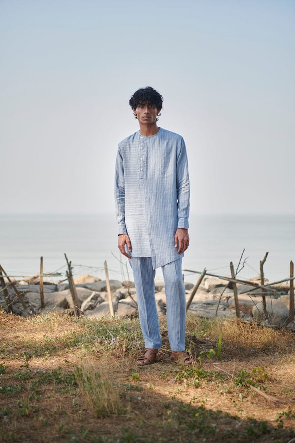 Saphed — Sky Pinstripe Linen Side Open Kurta Set - Sale