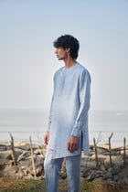 Sky Pinstripe Linen Side Open Kurta Set - Sale view 2