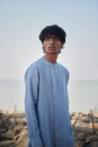 Sky Pinstripe Linen Side Open Kurta Set - Sale view 5