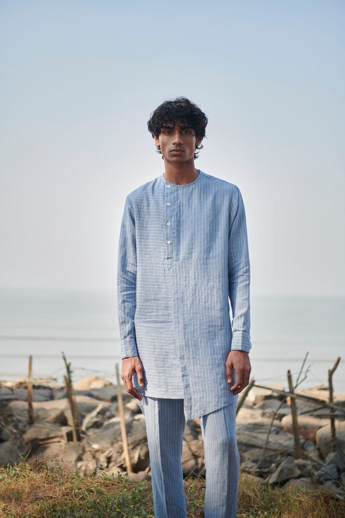 Sky Pinstripe Linen Side Open Kurta Set - Sale - image 6