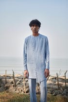 Sky Pinstripe Linen Side Open Kurta Set - Sale view 6