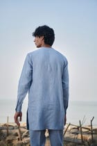 Sky Pinstripe Linen Side Open Kurta Set - Sale view 7