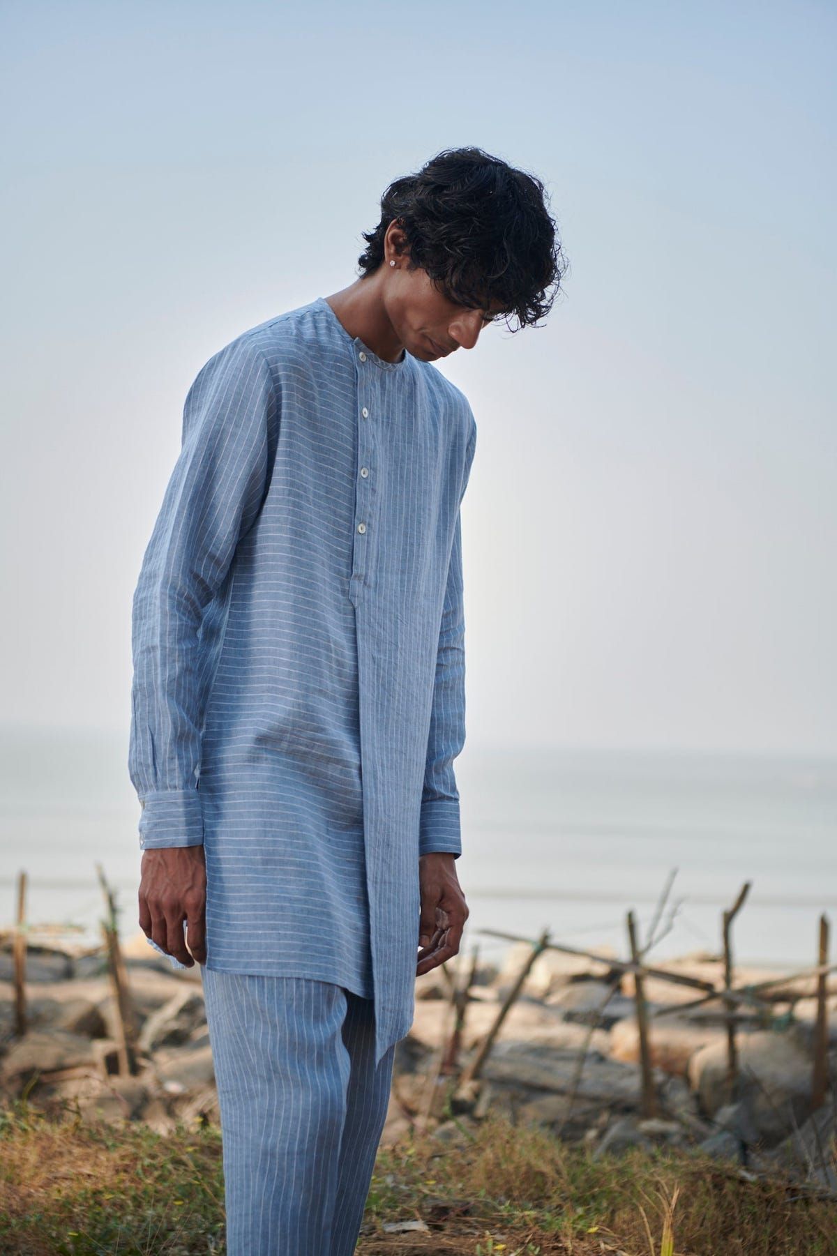 Sky Pinstripe Linen Side Open Kurta Set - Sale - image 8