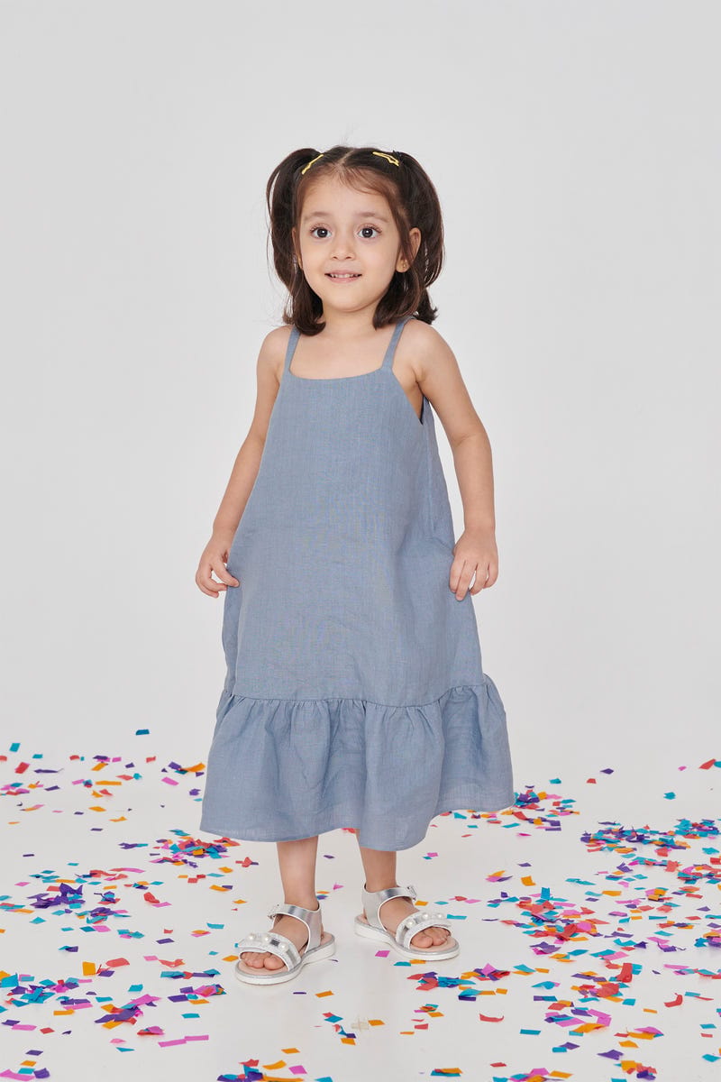 Sky Linen Girls Frill Dress
