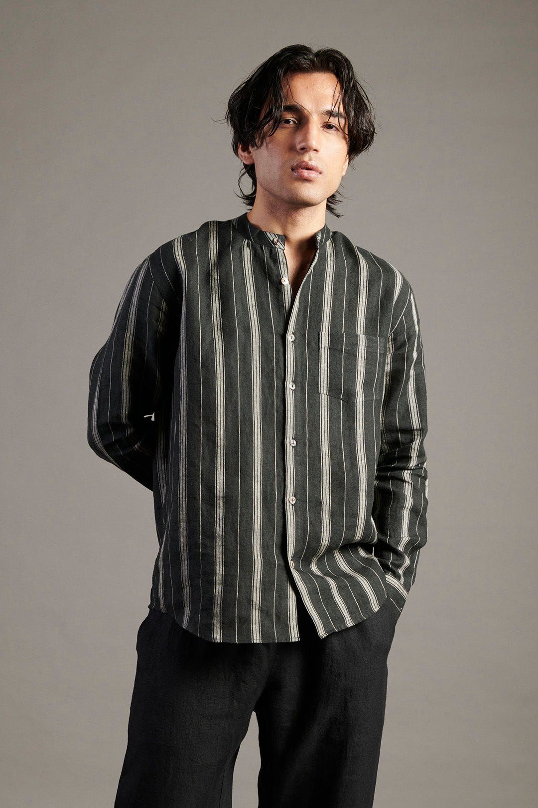 Dhaari Linen Band Collar Shirt - Sale - image 1
