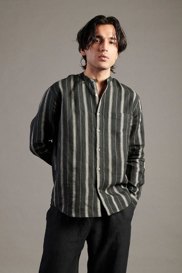 Saphed — Dhaari Linen Band Collar Shirt - Sale